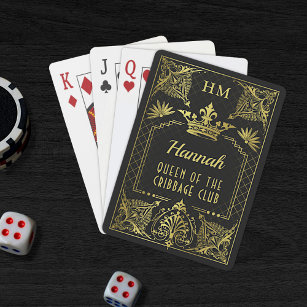 Queen of the Quarantine Black Gold Monogram Crown Playing Cards