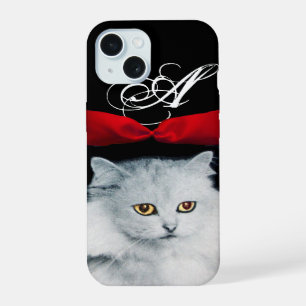 QUEEN OF WHITE CATS WITH RED RIBBON MONOGRAM iPhone 15 CASE