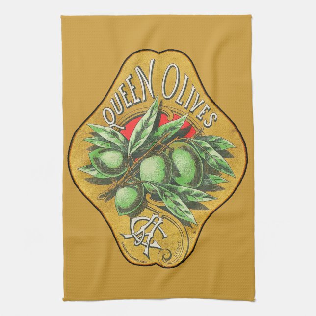 Queen Olives Vintage Food Crate Label Tea Towel (Vertical)
