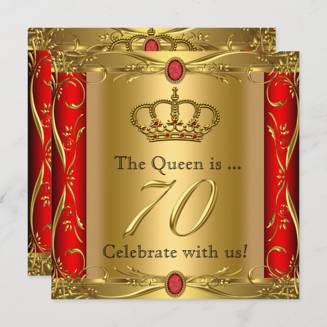 Queen or King Regal Red Gold 70th Birthday Party Invitation (Front/Back)