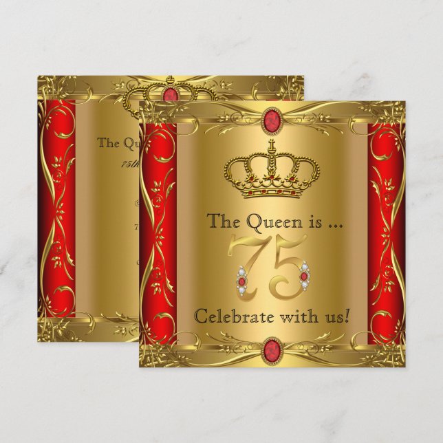 Queen or King Regal Red Gold 75th Birthday Party Invitation (Front/Back)