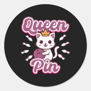 Queen Pin Women's Girls Bowling Cat  Classic Round Sticker