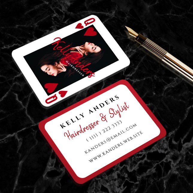 Queen Playing Feminine Photo Hairdresser Business Card (Business card made to look like a queen of hearts playing card)