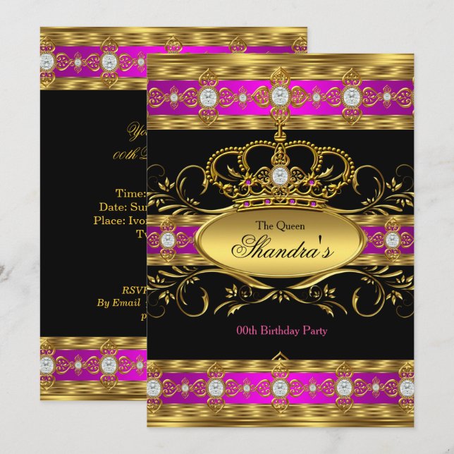 Queen Princess Royal Pink Gold Diamond Crown Party Invitation (Front/Back)