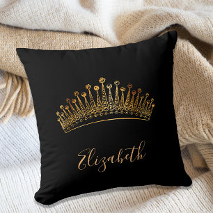 Queen princess tiara crown gold black name cushion