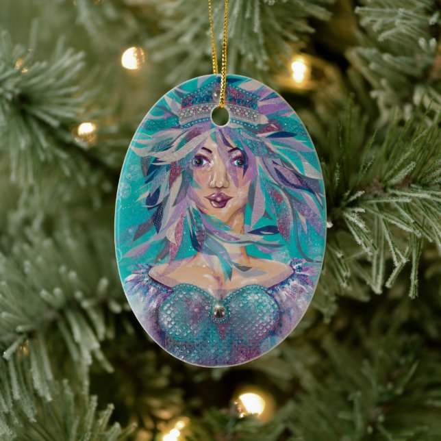 Queen Safine Blue Purple Mermaid Ocean Princess Ceramic Ornament (Tree)