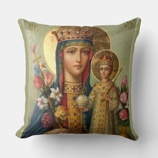 Queen Virgin Mary Madonna Jesus Christ Flowers Cushion (Front)