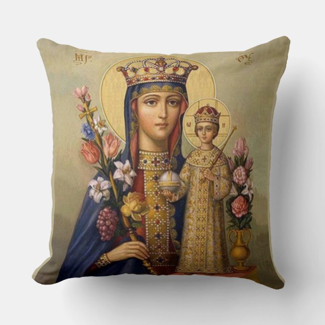 Queen Virgin Mary Madonna Jesus Christ Flowers Cushion (Front)