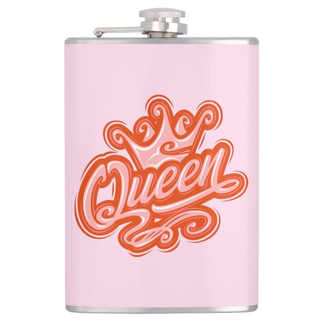 Queen With Crown, Typography Design Hip Flask (Front)