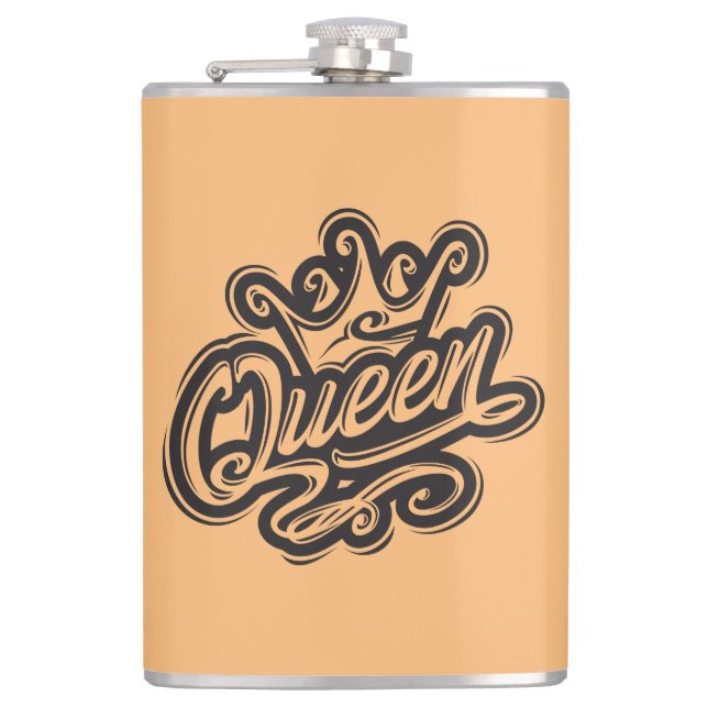 Queen With Crown, Typography Design Hip Flask (Front)