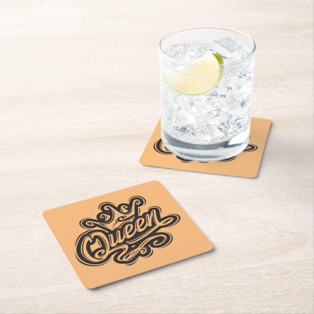 Queen With Crown, Typography Design Square Paper Coaster (Insitu)
