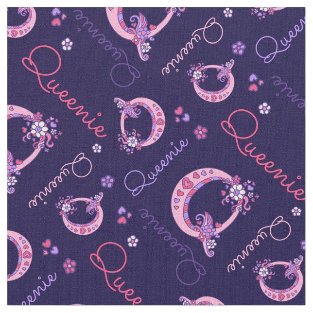 Queenie letter Q monogram heart flowers fabric (Close Up)