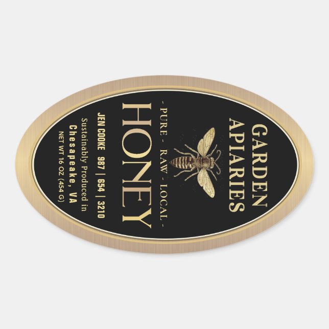 Queenline 16 and 32oz Black Honey Jar Queen Bee Oval Sticker (Front)