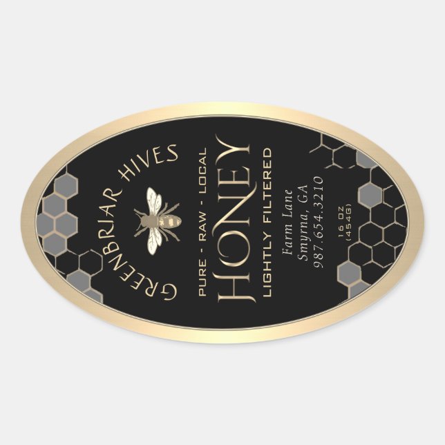 Queenline Honey Label 16/32oz Honeycomb Bee Black (Front)