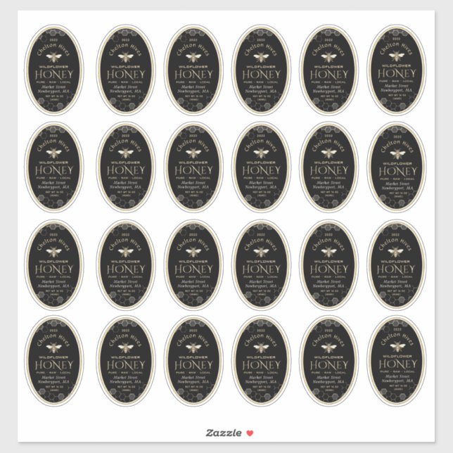 Queenline Oval Honey Label Honeycomb Bee Black (Sheet)