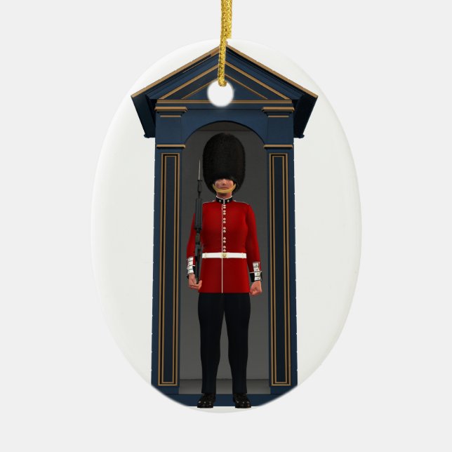 Queen's Guardsman In Shack Ceramic Tree Decoration (Front)
