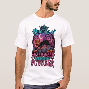 Queens Halloween Are Born October Black Cat Pumpki T-Shirt