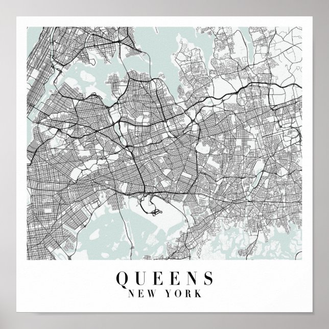 Queens New York Blue Water Street Map Poster (Front)