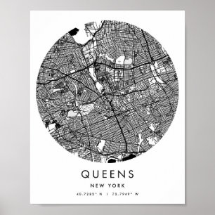 Queens New York Minimal Modern Circle Street Map Poster