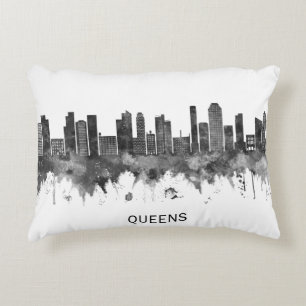 Queens New York Skyline BW Decorative Cushion