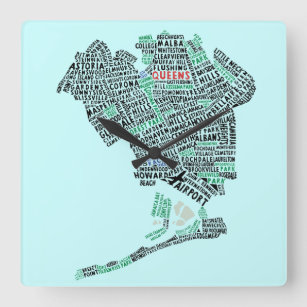 Queens NY Typography Map Art Wall Clock