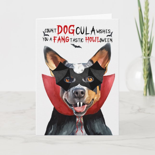 Queensland Heeler Dog Count DOGcula Halloween Holiday Card (Front)