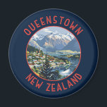 Queenstown New Zealand Retro Distressed Circle Magnet<br><div class="desc">Queenstown retro vector travel design. It sits on the shores of the South Island’s Lake Wakatipu,  set against the dramatic Southern Alps.</div>
