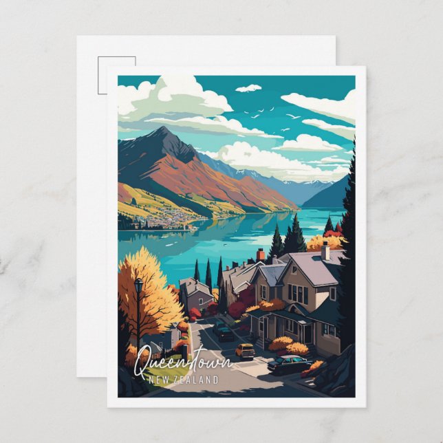 Queenstown New Zealand vintage travel illustration Postcard (Front/Back)