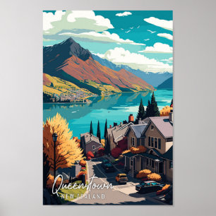 Queenstown New Zealand vintage travel illustration Poster