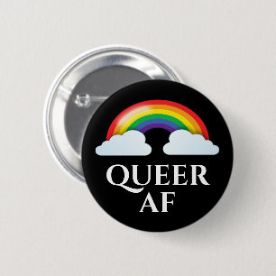 'Queer AF' rainbow and clouds 6 Cm Round Badge