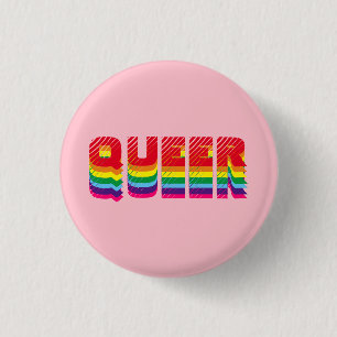 Queer gay pride lgbt rainbow retro typography pink 3 cm round badge