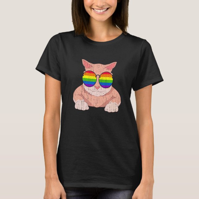 Queer Gay Pride Month  Cat Sunglasses Rainbow Flag T-Shirt (Front)
