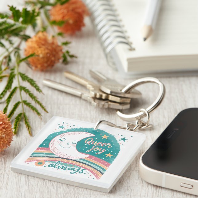 Queer Joy Always LGBTQ Pride Rainbow Moon Cute  Key Ring (Front Right)