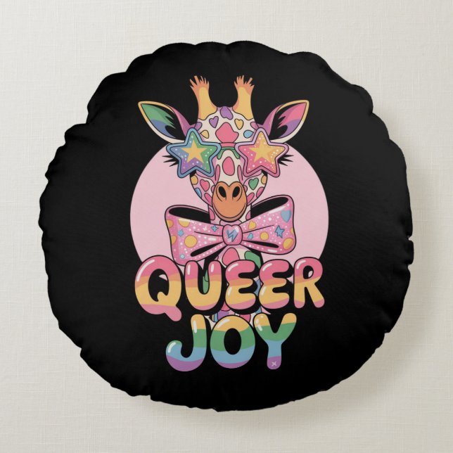 Queer Joy Giraffe – Rainbow Pride Star Glasses Round Cushion (Front)