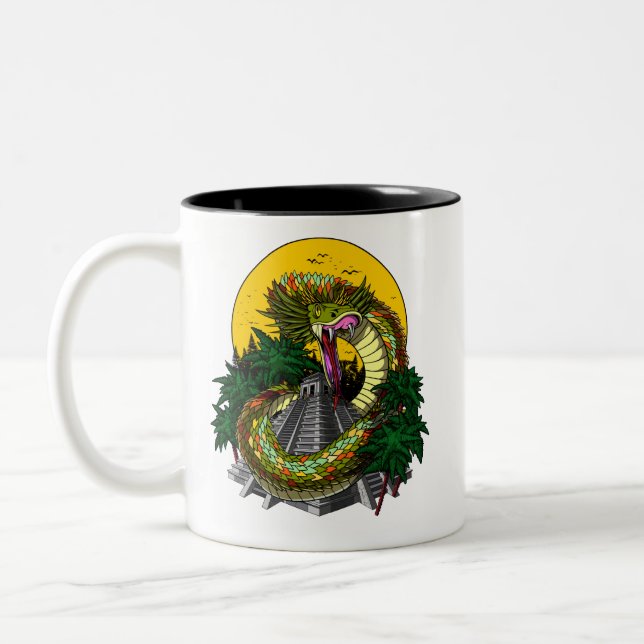 Quetzalcoatl Aztec God Mayan Pyramid Snake Two-Tone Coffee Mug (Left)