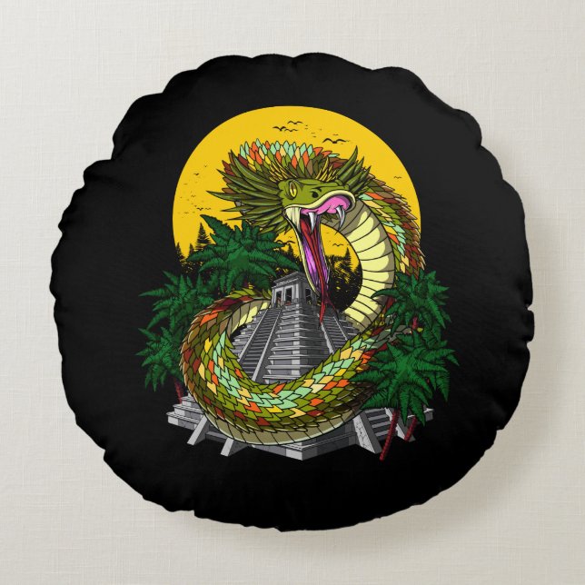 Quetzalcoatl Aztec Snake God Round Cushion (Front)