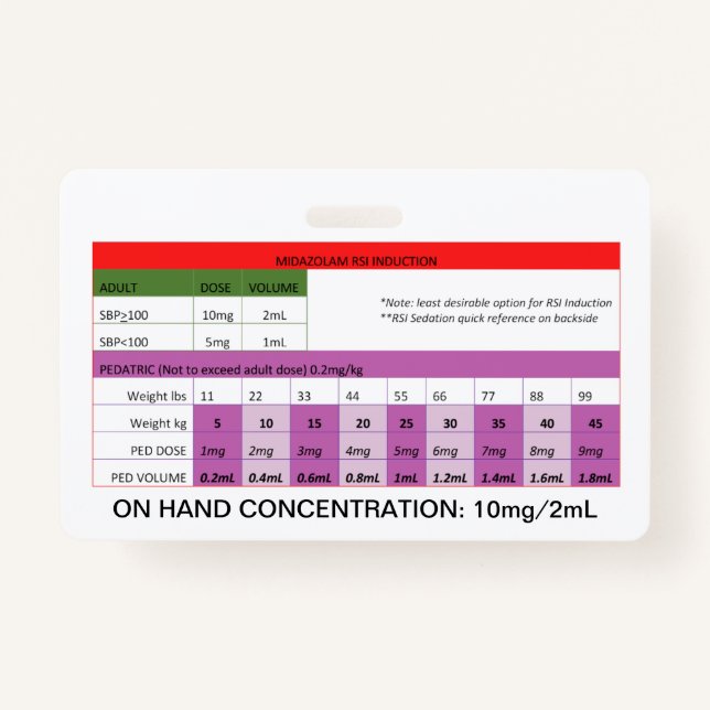 Quick Dosing RE: Midazolam RSI Induction/Sedation ID Badge (Front)