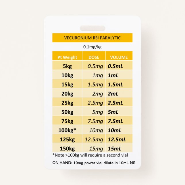 Quick Dosing RE: Vecuronium & Rocuronium Paralysis ID Badge (Front)
