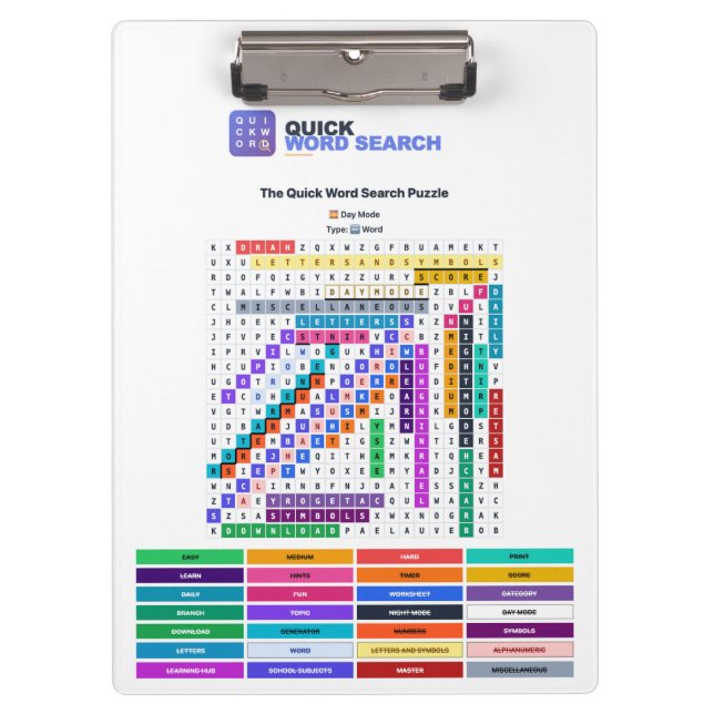 Quick Word Search Puzzle Clipboard Day Mode  (Front)