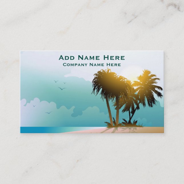 Quiet Beach With Palm Trees And Blue Water Business Card (Front)