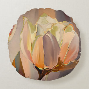 Quiet Bloom – Abstract Tulips In Soft Gold Round Cushion