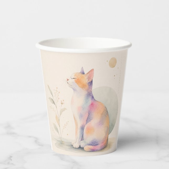 Quiet Cat in Moonlight – Watercolor Paper Cup (Front)