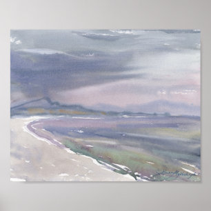 Quiet Curving Shore and Grey Sky Watercolor Poster