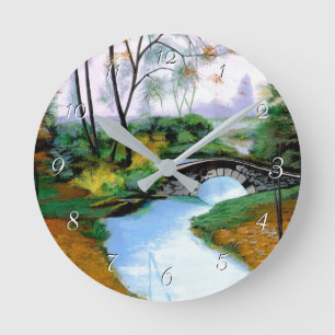 Quiet Foggy Morning by the River Round Clock