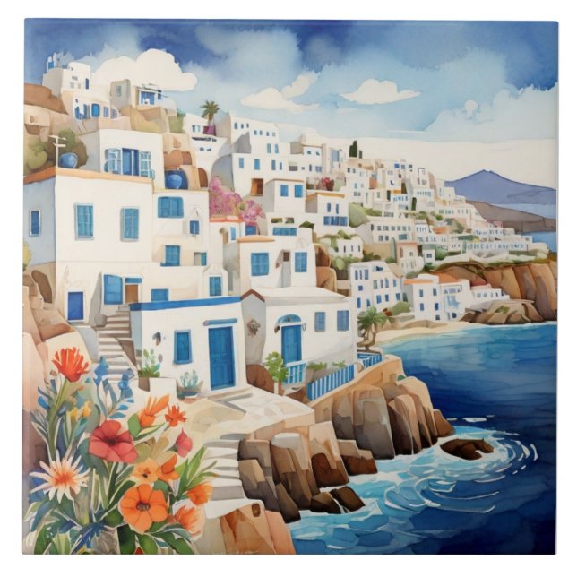 Quiet Greek Fishing Village Greece Sea Watercolor Ceramic Tile (Front)