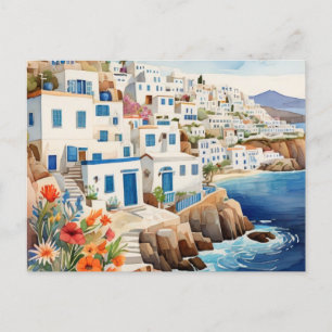 Quiet Greek Fishing Village Greece Sea Watercolor Holiday Postcard