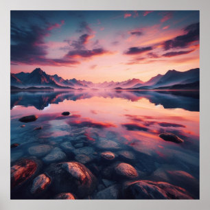 Quiet Lake Sunset Poster, Reflective Mountain Dusk Poster