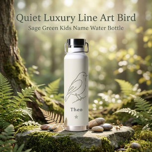 Quiet Luxury Line Art Bird Sage Green Kids Name Water Bottle