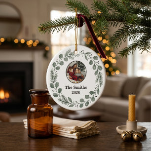 Quiet Luxury Sage Green Family Photo Christmas Ceramic Ornament