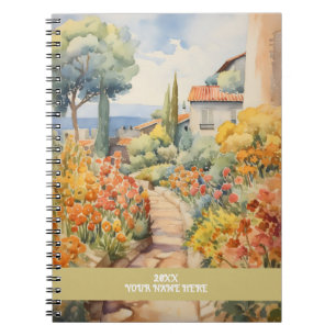 Quiet path through flower garden in village notebook